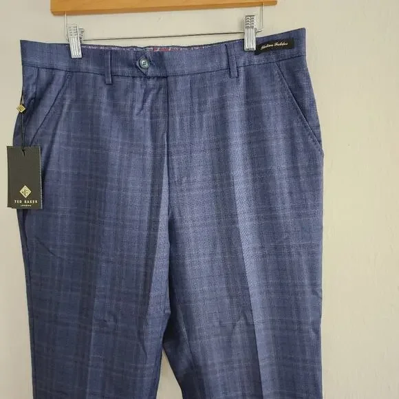 NWT Ted Baker Wharfet Debonair 100% Wool Check Suit Trousers Blue Modern Fit 34L